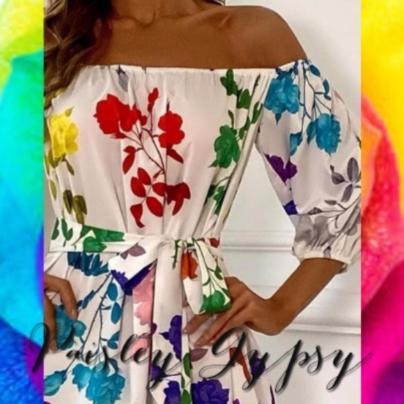 Glamorous Rainbow Floral Maxi Off the Shoulder Formal Gown - Picture 3 of 11